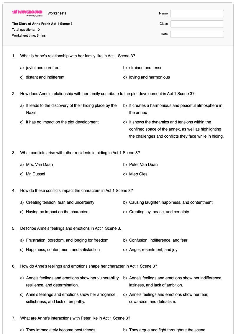  The Diary of Anne Frank Act 1 Scene 3 - Printable Math Worksheets - Wayground