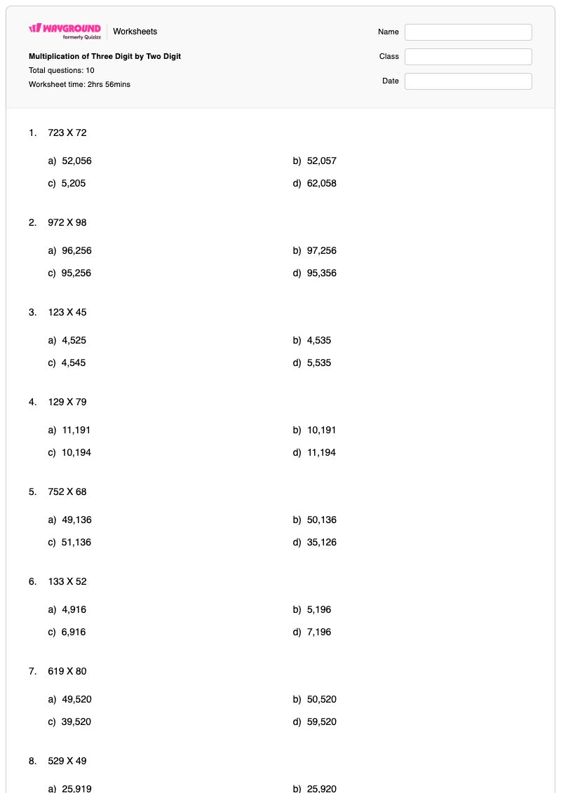 Multiplication of Three Digit by Two Digit - Printable Multiplication Worksheets - Wayground