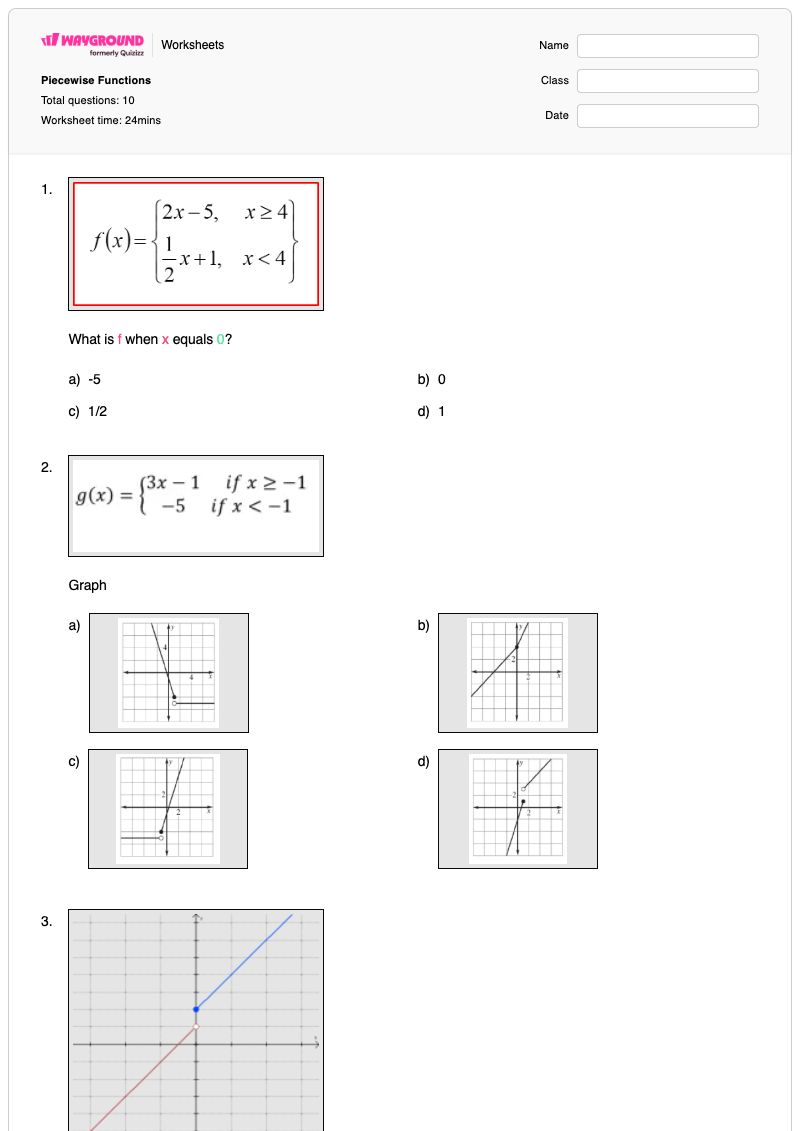 Piecewise Functions  - Printable Algebra-2 Worksheets - Wayground