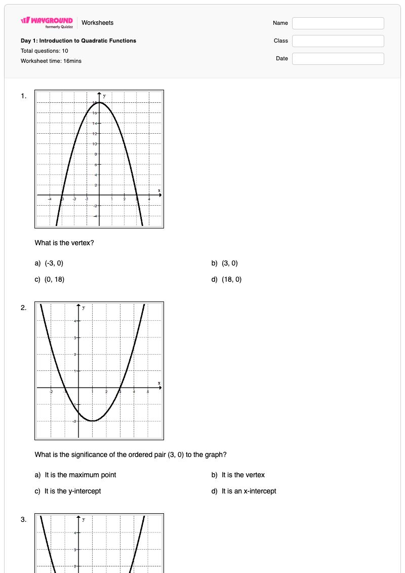 Day 1: Introduction to Quadratic Functions - Printable Functions Worksheets - Wayground