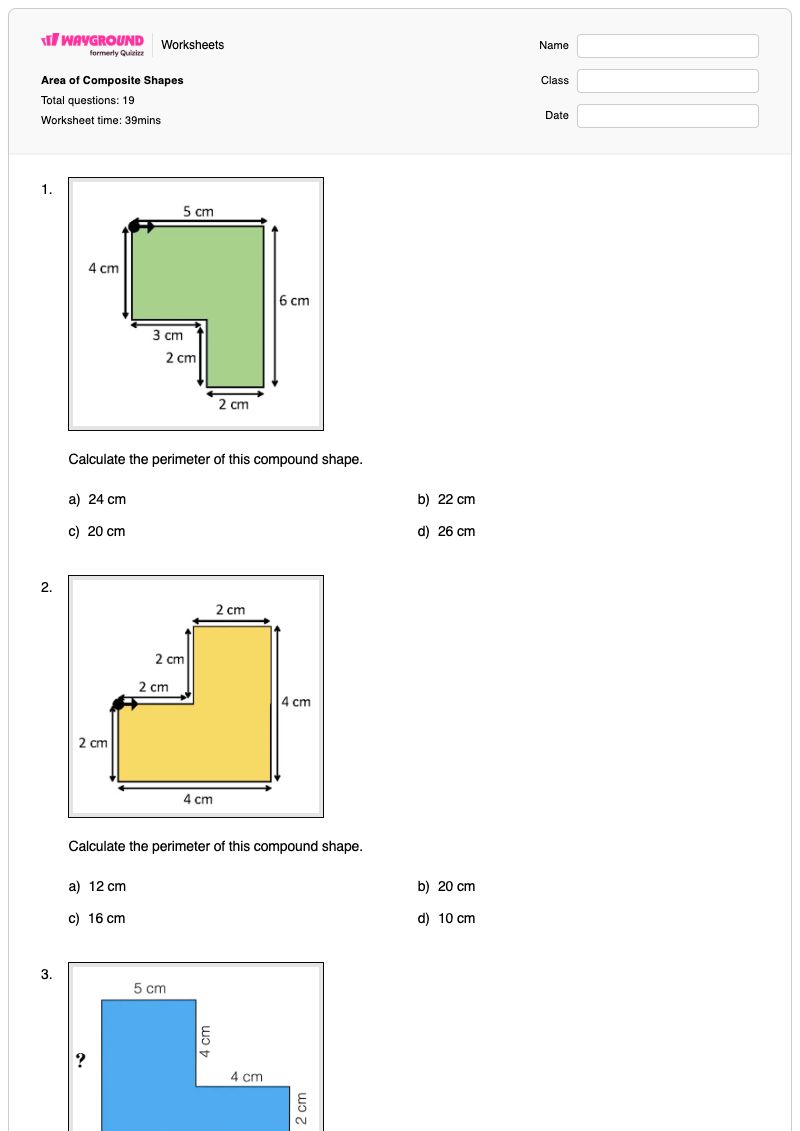 Area of Composite Shapes - พิมพ์ได้ พื้นที่และปริมณฑล เวิร์กชีท - Wayground