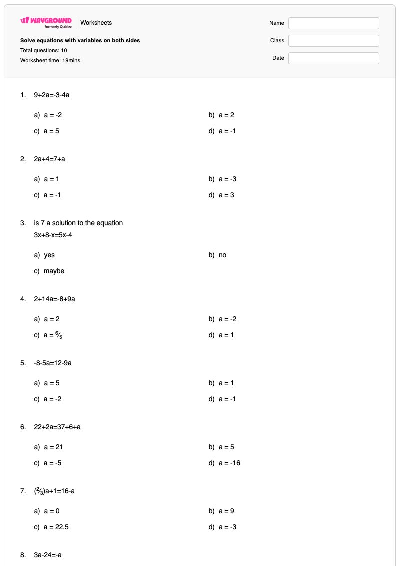 Solve equations with variables on both sides - พิมพ์ได้ การแก้สมการอสมการ เวิร์กชีท - Wayground