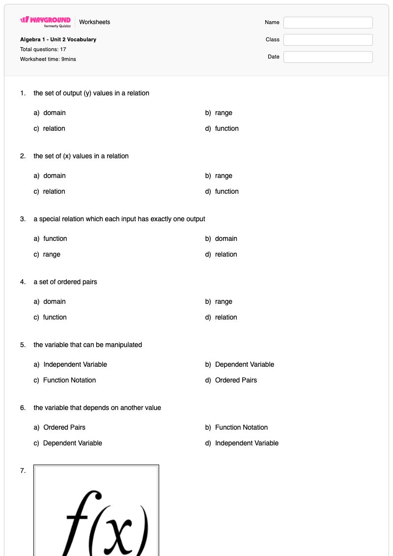 Algebra 1 - Unit 2 Vocabulary - Printable Algebra-2 Worksheets - Wayground