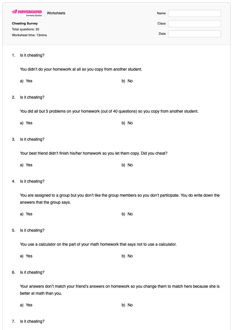 Cheating Survey - Printable Math Worksheets - Wayground