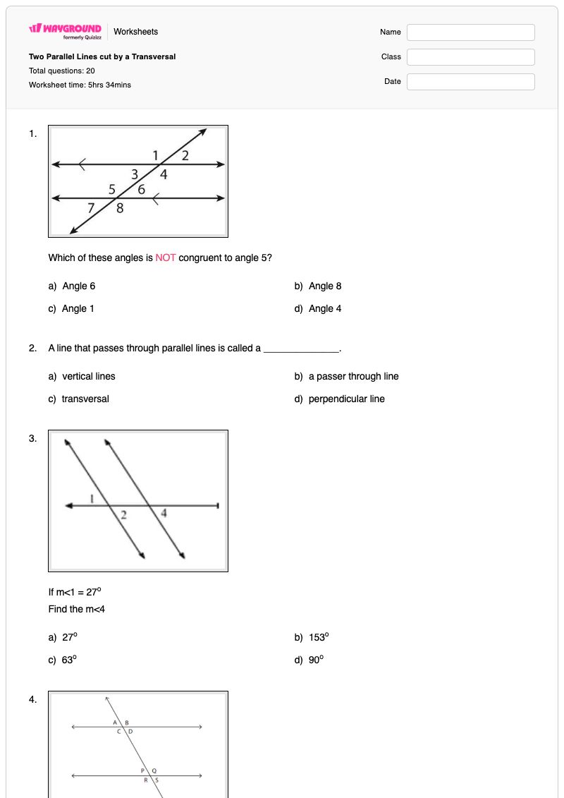 Two Parallel Lines cut by a Transversal - พิมพ์ได้ ความสัมพันธ์ระหว่างคู่มุม เวิร์กชีท - Wayground