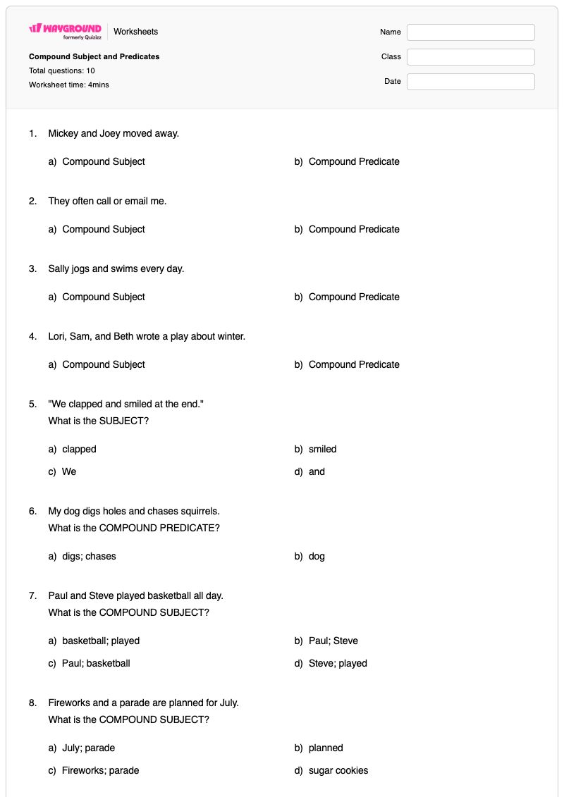 Compound Subject and Predicates - พิมพ์ได้ Subject-and-predicate เวิร์กชีท - Wayground