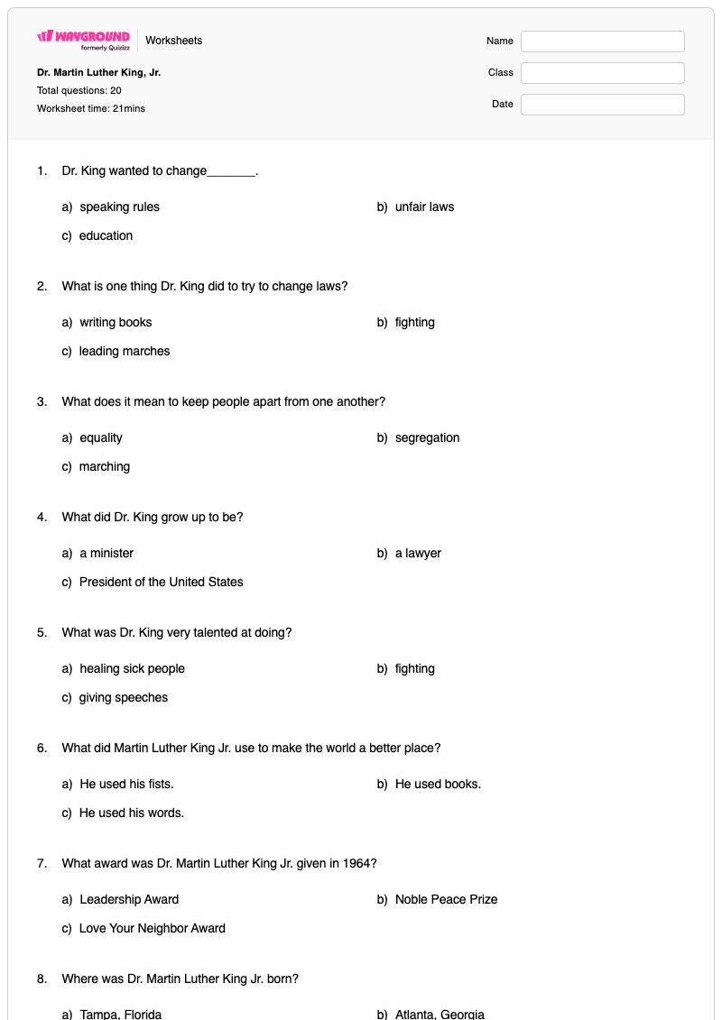 Dr. Martin Luther King, Jr. - Printable Martin-luther-king-jr-day Worksheets Class 3 - Wayground