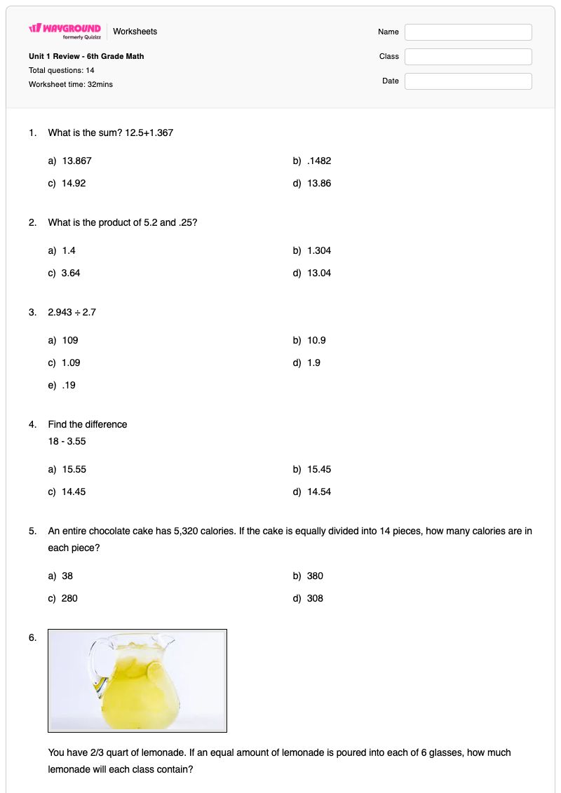 Unit 1 Review - 6th Grade Math - พิมพ์ได้ Addition-and-subtraction เวิร์กชีท - Wayground