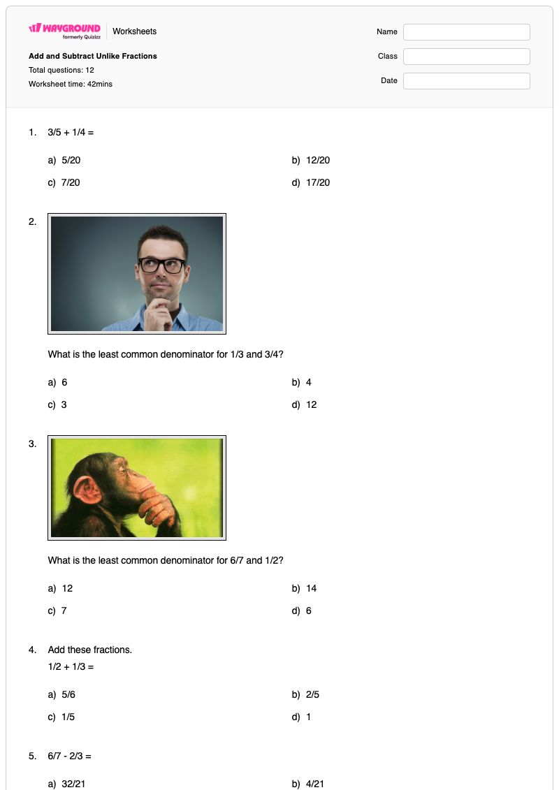 Add and Subtract Unlike Fractions - Printable Fractions Worksheets - Wayground