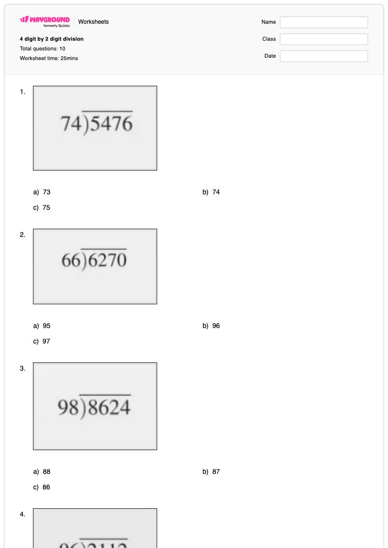 4 digit by 2 digit division - Printable Division Worksheets - Wayground