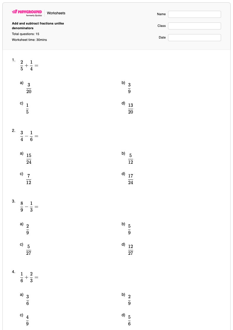 Add and subtract fractions unlike denominators - Printable Fractions Worksheets - Wayground
