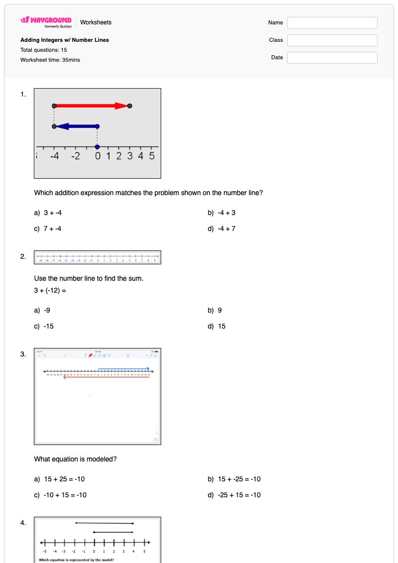 Adding Integers w/ Number Lines - Printable Integers-on-a-number-line Worksheets - Wayground