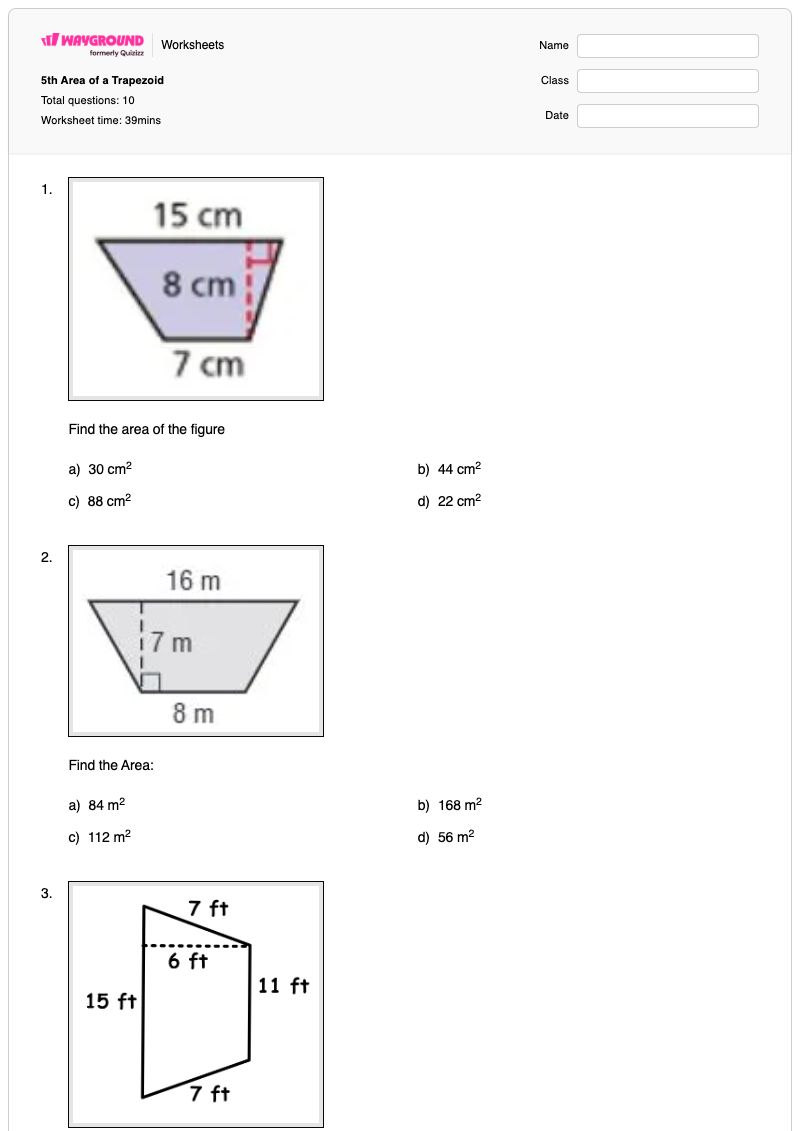 5th Area of a Trapezoid - พิมพ์ได้ Area-of-a-trapezoid เวิร์กชีท ระดับ 5 - Wayground