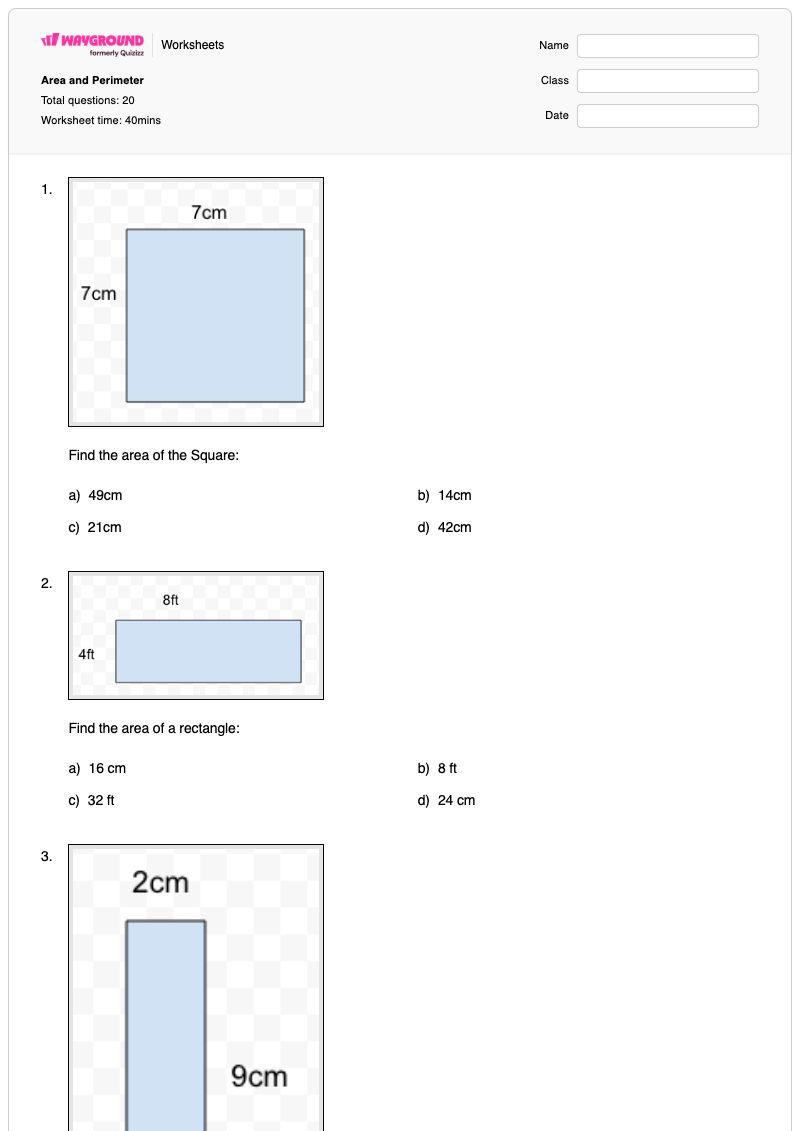 Area and Perimeter - พิมพ์ได้ พื้นที่และปริมณฑล เวิร์กชีท - Wayground
