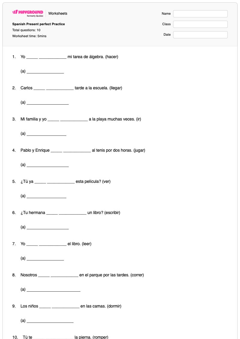 Spanish Present perfect Practice - พิมพ์ได้ กาลปัจจุบันสมบูรณ์ เวิร์กชีท - Wayground