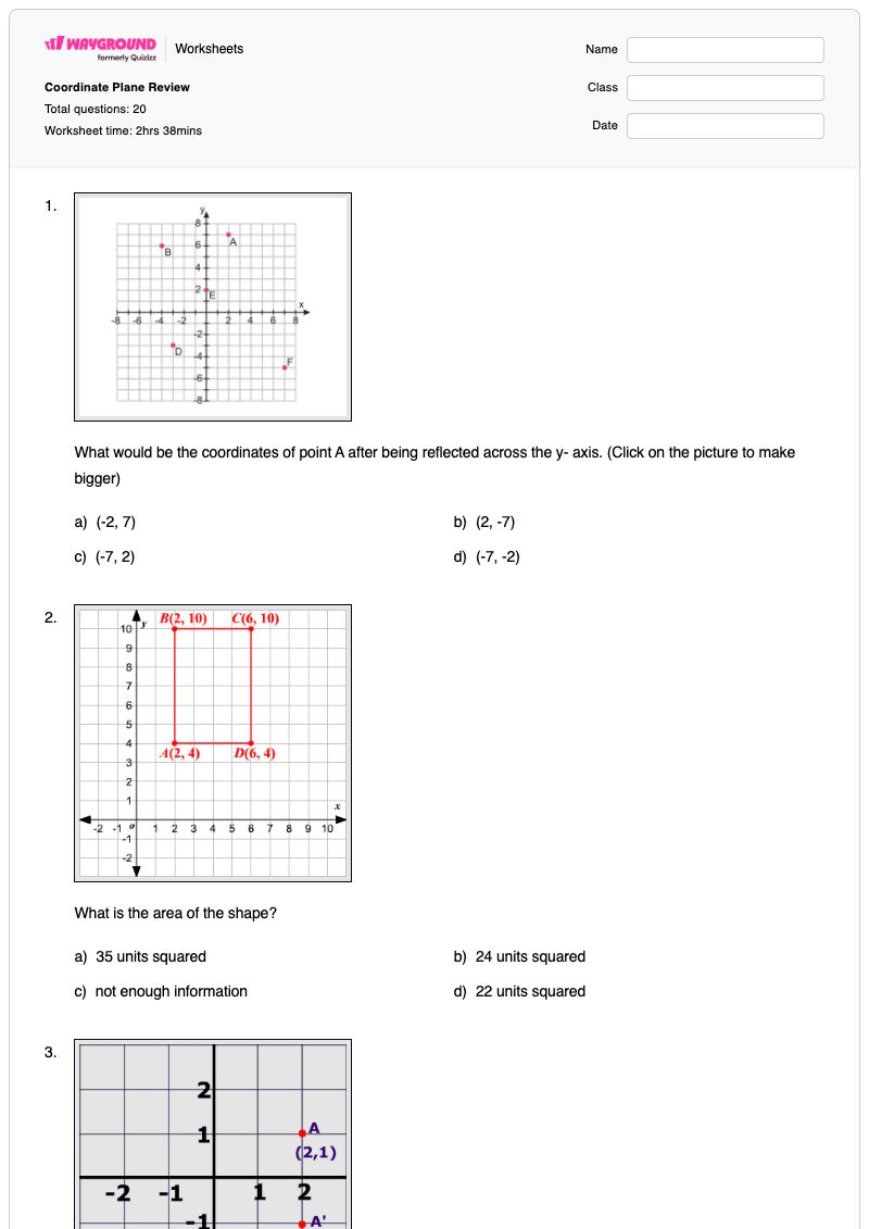 Coordinate Plane Review - พิมพ์ได้ พื้นที่และปริมณฑล เวิร์กชีท - Wayground
