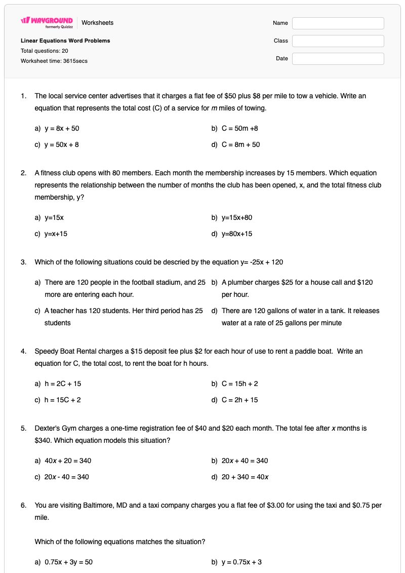 Linear Function Sample Problem Linear Equations Word Problems - Free Printable Worksheet | Wayground