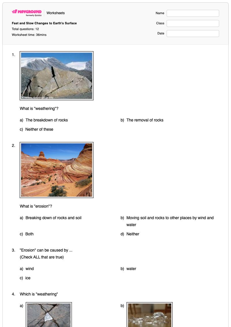 Fast and Slow Changes to Earth's Surface - พิมพ์ได้ Rocks-and-soil เวิร์กชีท ระดับ 2 - Wayground