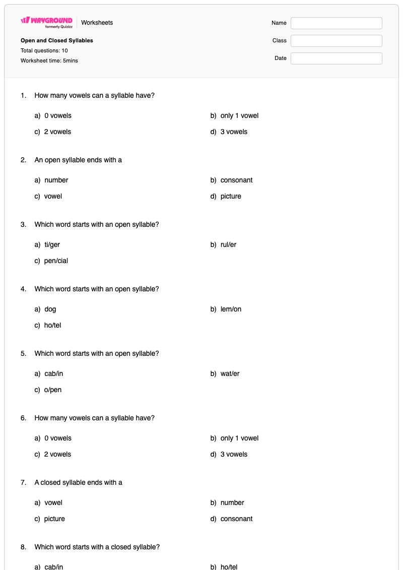Open and Closed Syllables - Printable Blending-syllables Worksheets Grade 1 - Wayground