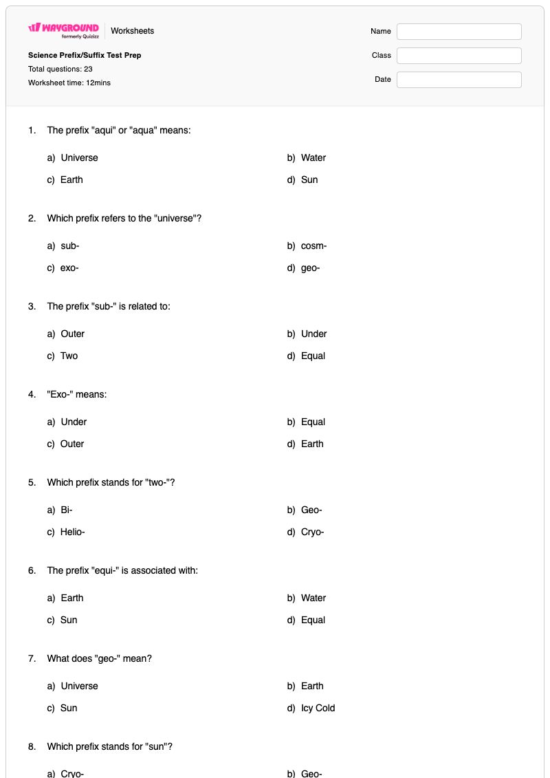 Science Prefix/Suffix Test Prep - พิมพ์ได้ คำนำหน้า-คำต่อท้าย เวิร์กชีท ระดับ 8 - Wayground