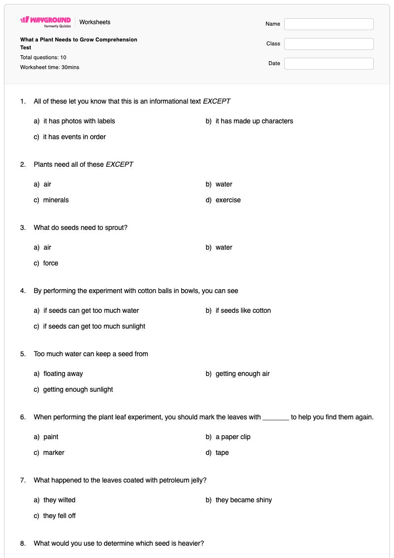 What a Plant Needs to Grow Comprehension Test - พิมพ์ได้ Plant-needs เวิร์กชีท - Wayground