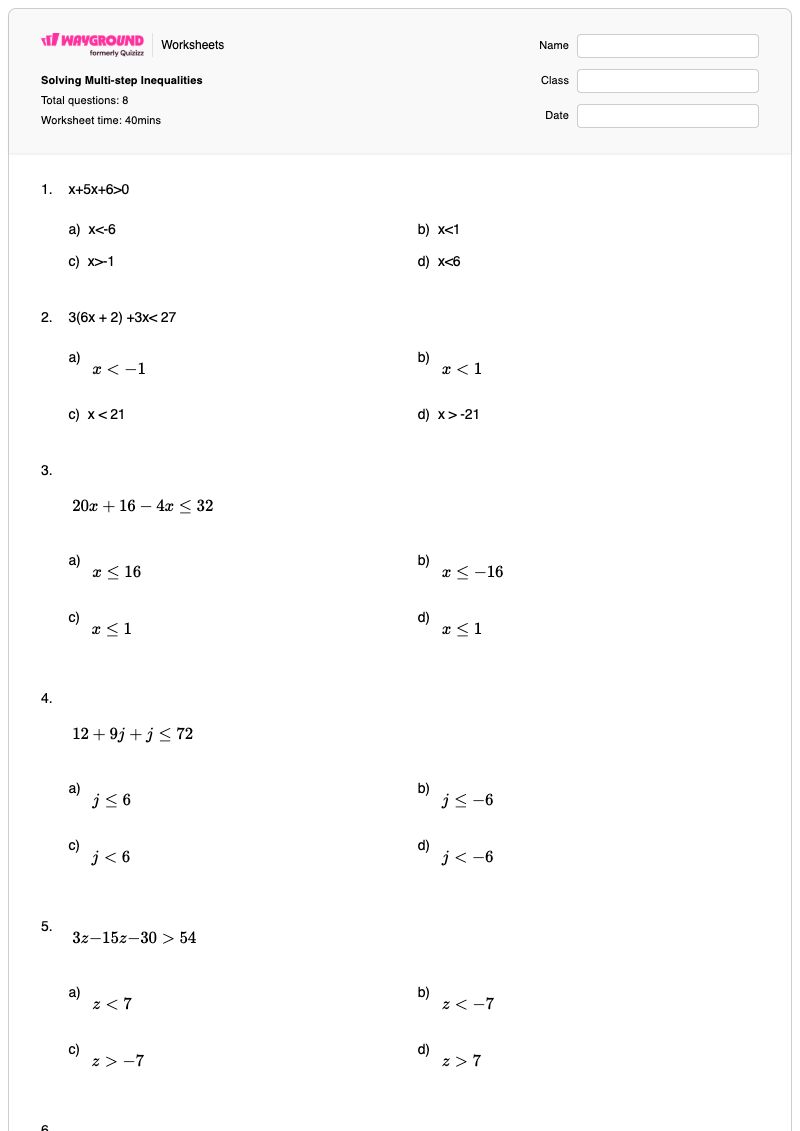 Solving Multi-step Inequalities - พิมพ์ได้ การแก้สมการอสมการ เวิร์กชีท - Wayground