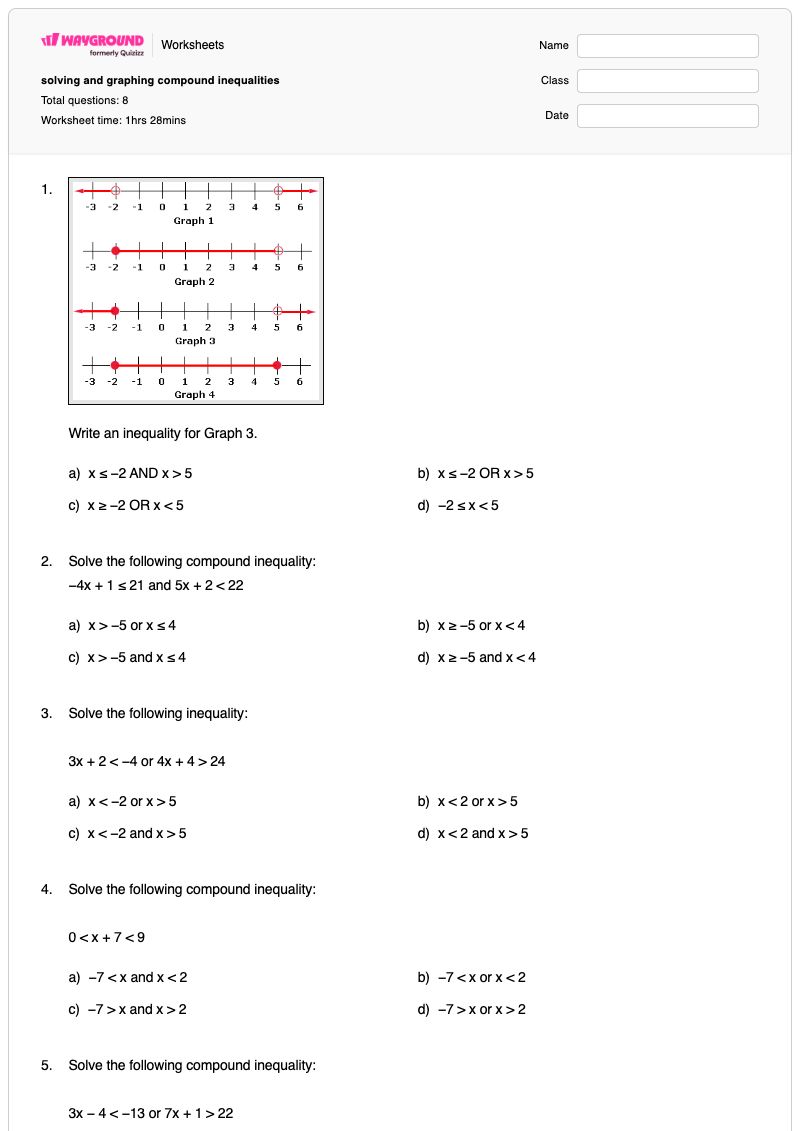 solving and graphing compound inequalities - พิมพ์ได้ การแก้สมการอสมการ เวิร์กชีท - Wayground