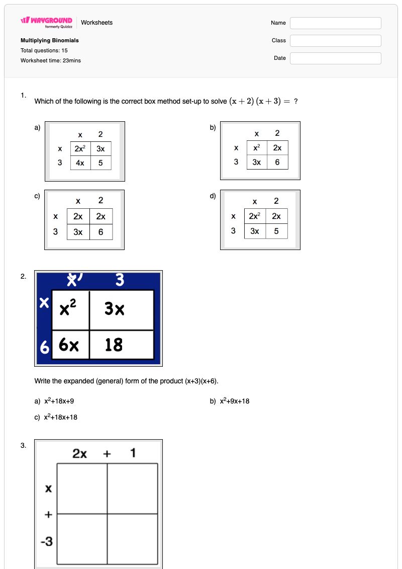 Multiplying Binomials - พิมพ์ได้ Multiplying-binomials เวิร์กชีท ระดับ 9 - Wayground