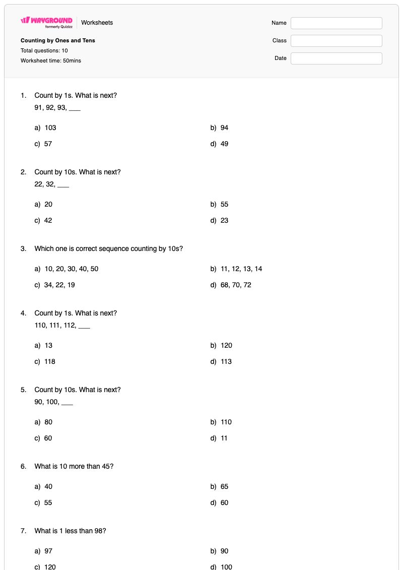 Counting by Ones and Tens - พิมพ์ได้ Counting-by-ones เวิร์กชีท - Wayground