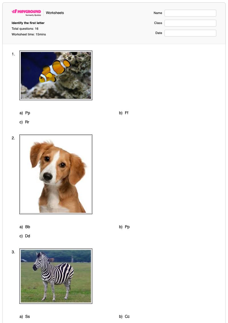 Identify the first letter - Printable The-letter-z Worksheets - Wayground