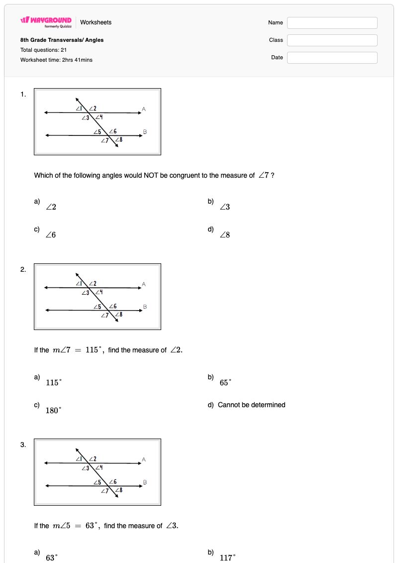 8th Grade Transversals/ Angles - Printable Angles Worksheets - Wayground
