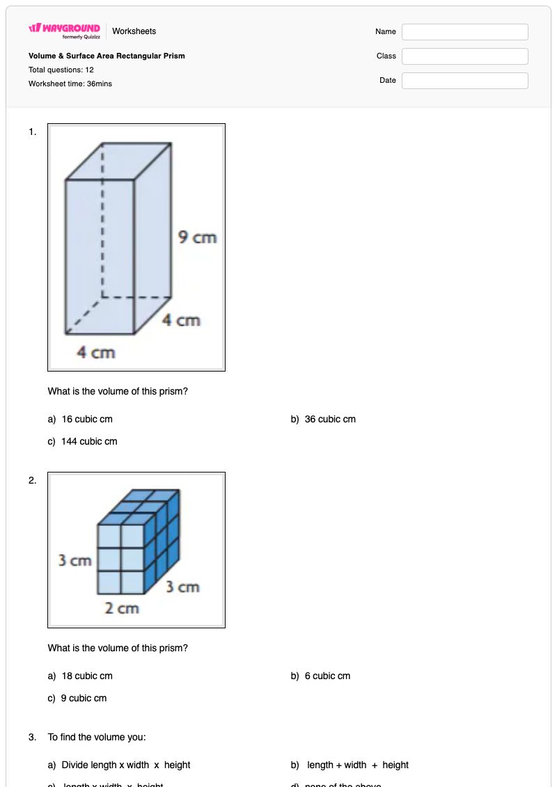Volume & Surface Area Rectangular Prism - Printable Volume-and-surface-area-of-prisms Worksheets - Wayground