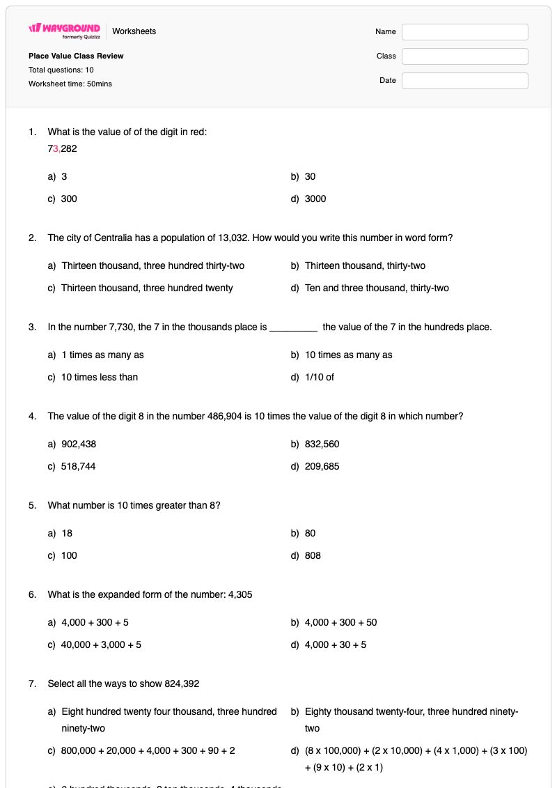 Place Value Class Review - พิมพ์ได้ Value-of-digits เวิร์กชีท ระดับ 4 - Wayground