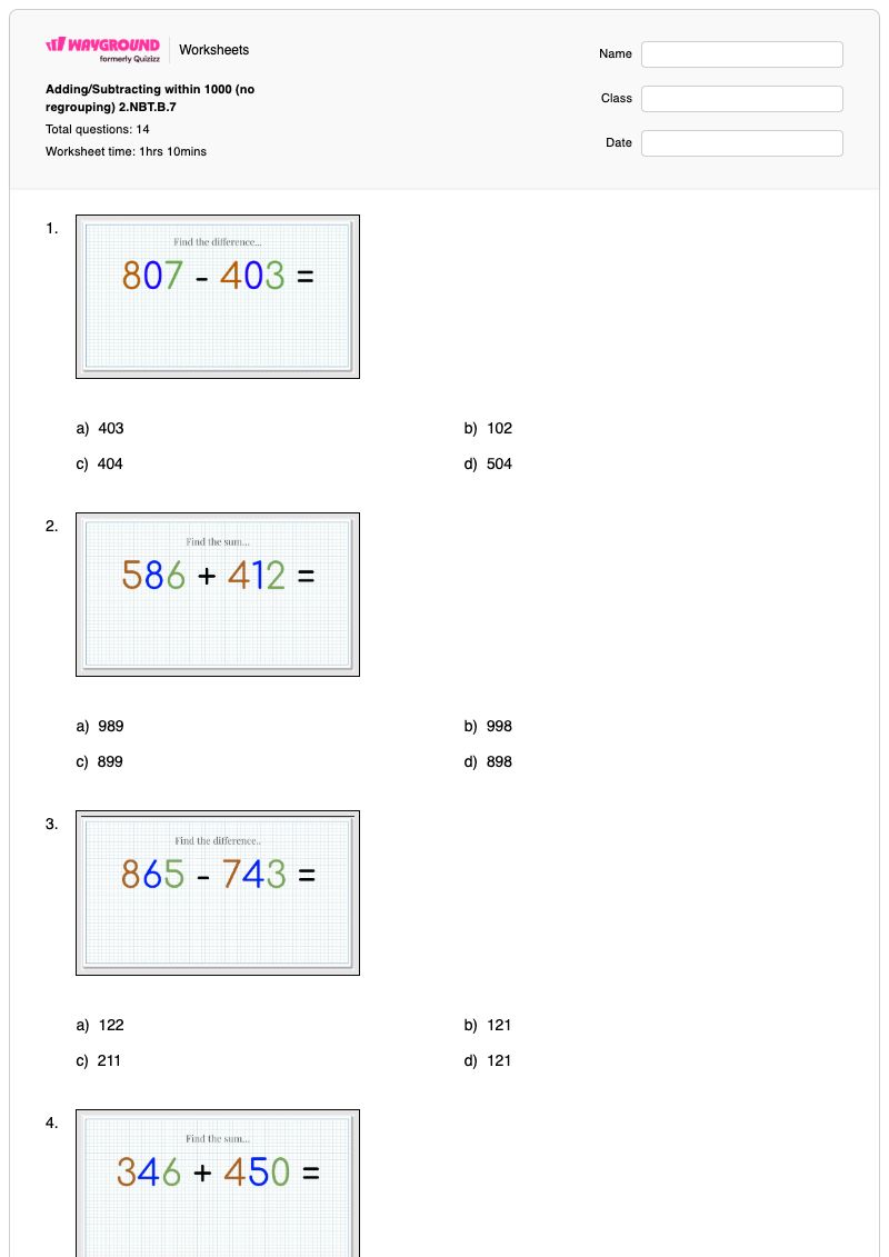 Adding/Subtracting within 1000 (no regrouping) 2.NBT.B.7 - พิมพ์ได้ Addition-and-subtraction เวิร์กชีท - Wayground