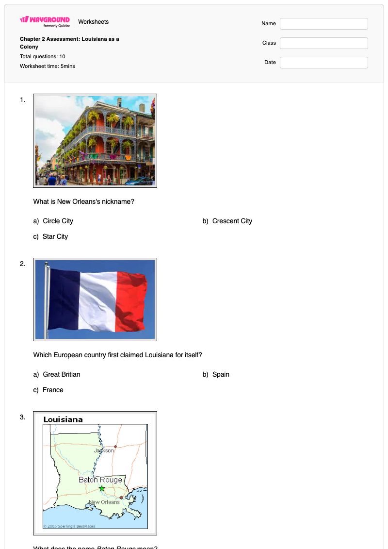 Chapter 2 Assessment: Louisiana as a Colony - Printable Circle-of-control Worksheets Class 1 - Wayground