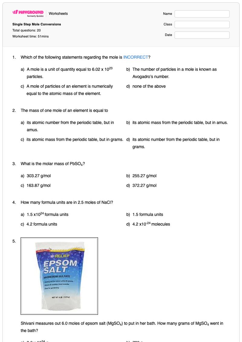Single Step Mole Conversions - พิมพ์ได้ Mole-to-mass-conversion เวิร์กชีท - Wayground