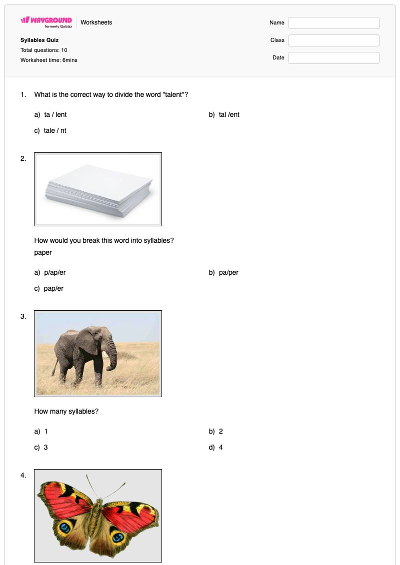 Syllables Quiz - พิมพ์ได้ การนับพยางค์ เวิร์กชีท ระดับ 3 - Wayground