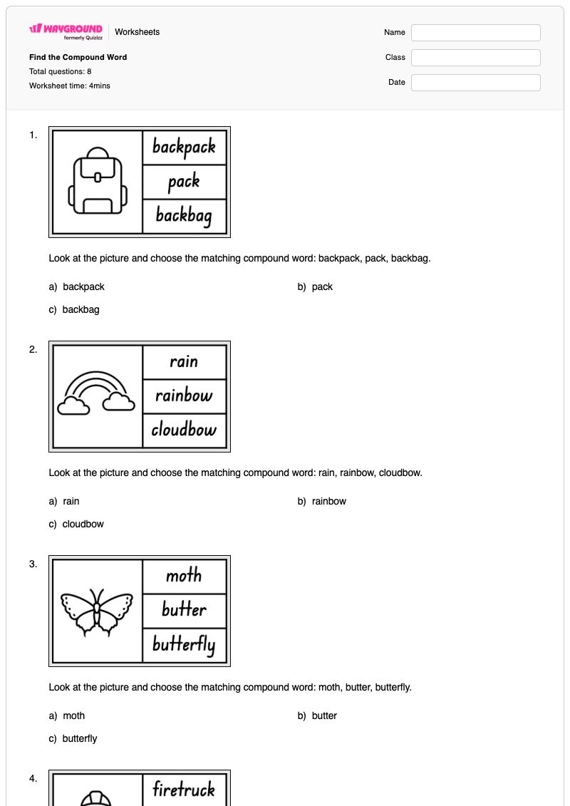 Find the Compound Word - Printable Word-picture-matching Worksheets - Wayground