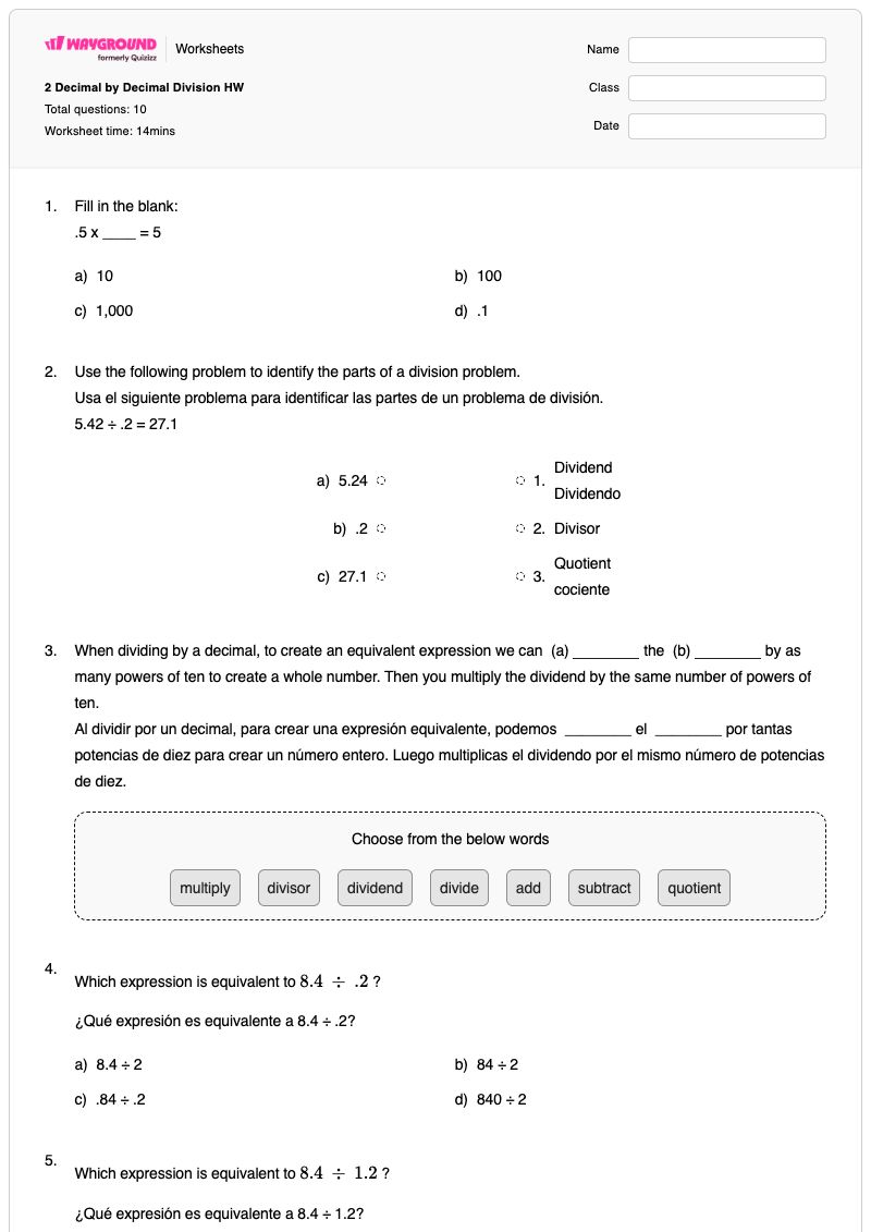 2 Decimal by Decimal Division HW - Printable Division Worksheets - Wayground