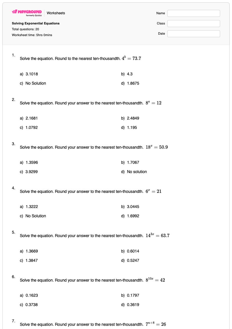 Solving Exponential Equations - พิมพ์ได้ การแก้สมการอสมการ เวิร์กชีท - Wayground
