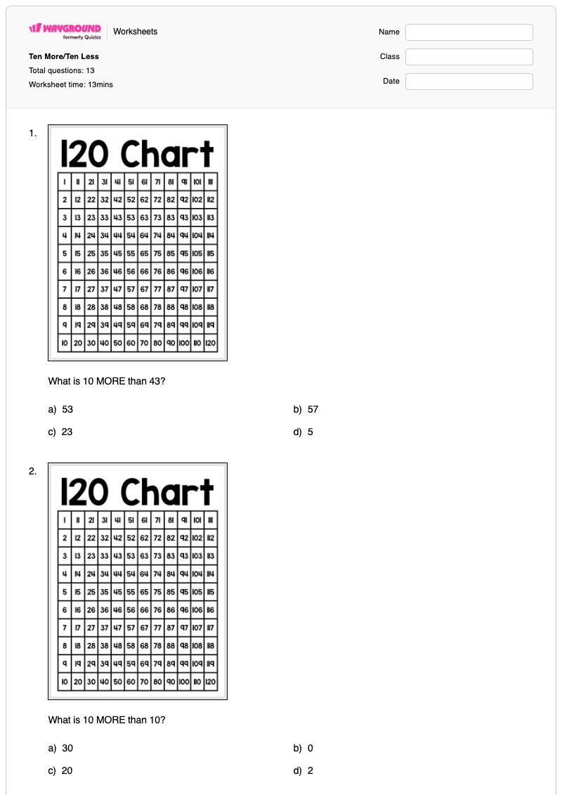 Ten More/Ten Less - Printable Ten-more-ten-less Worksheets Class 1 - Wayground