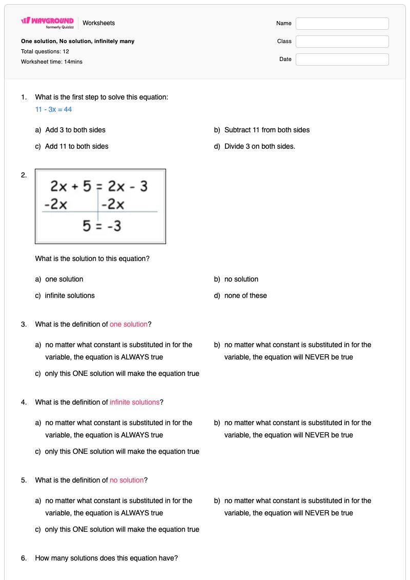 One solution, No solution, infinitely many - Printable Infinitely-many-solutions Worksheets Year 9 - Wayground