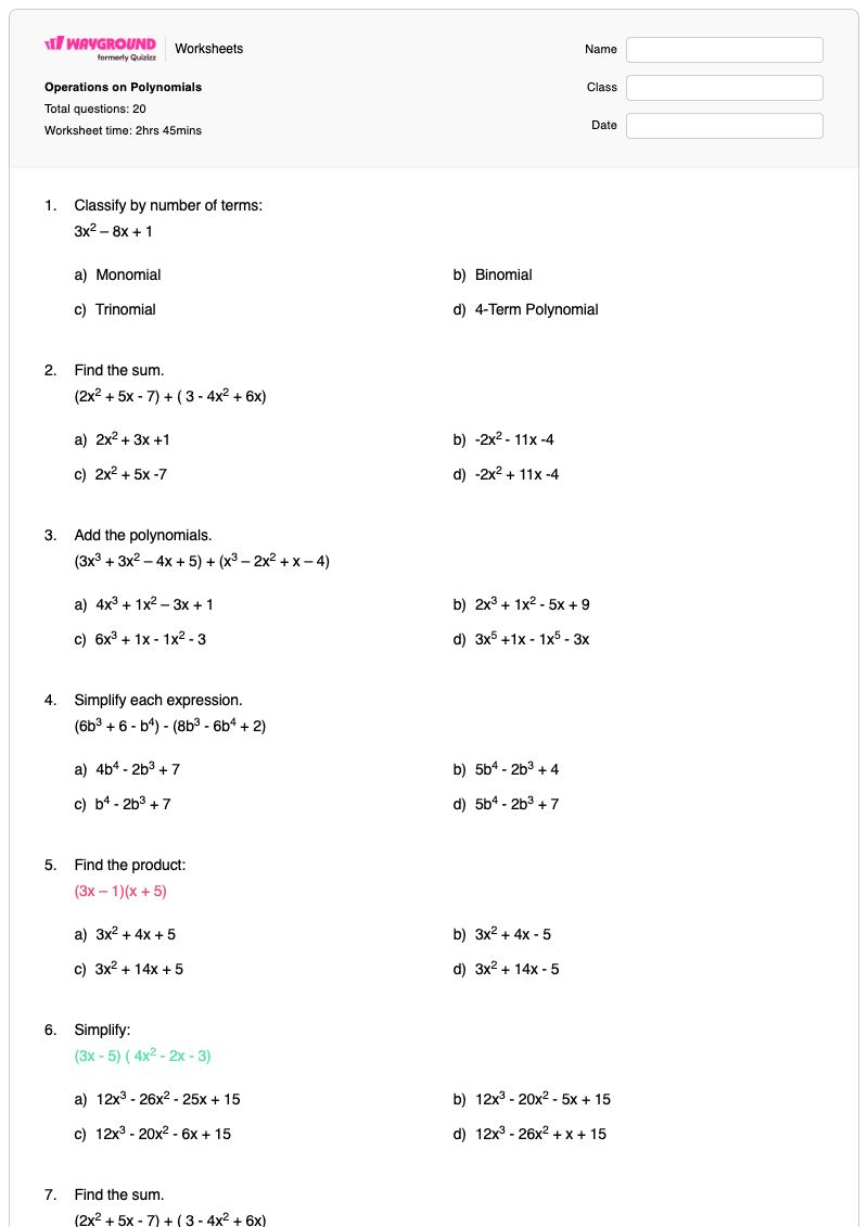 Operations on Polynomials - Printable Multiplication Worksheets - Wayground