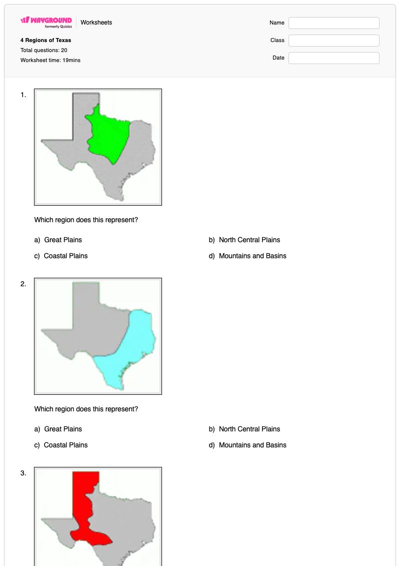 4 Regions of Texas - พิมพ์ได้ ภูมิภาคต่างๆ-ของรัฐเท็กซัส เวิร์กชีท - Wayground