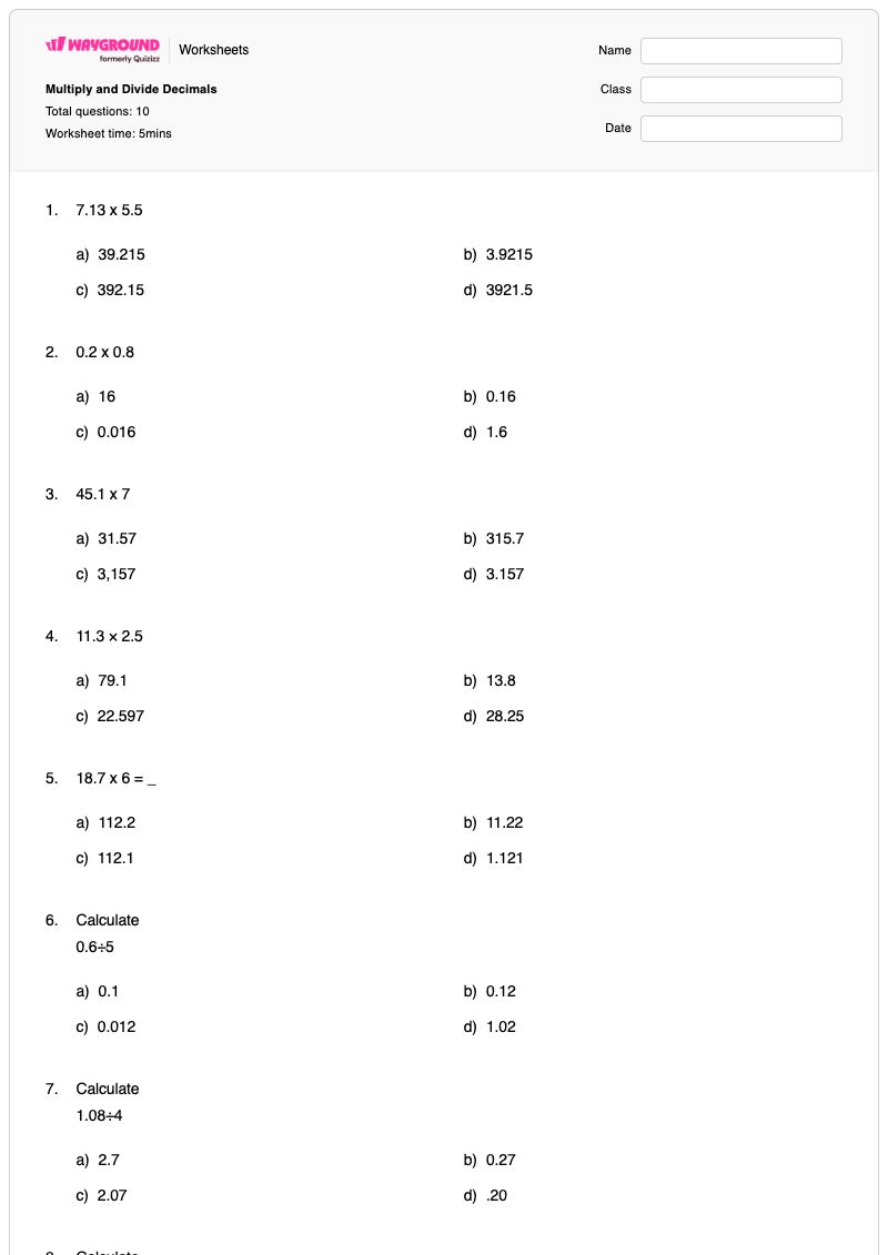 Multiply and Divide Decimals - Printable Multiplication Worksheets - Wayground