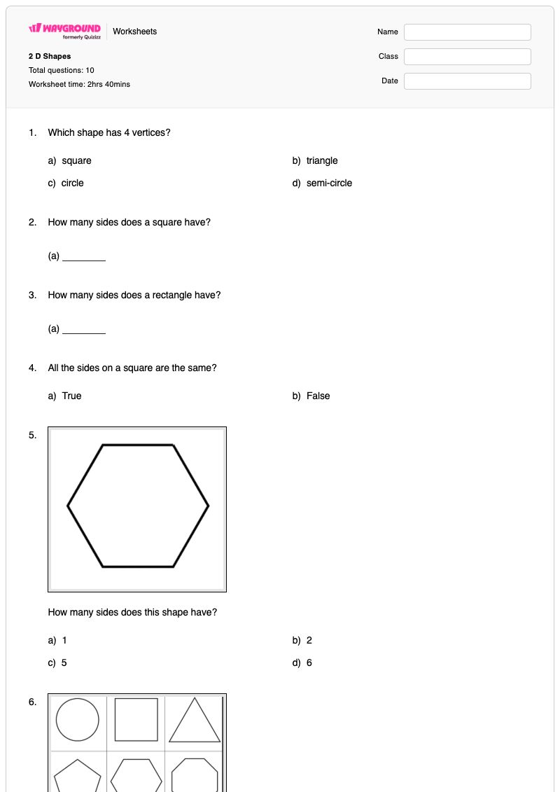 2 D Shapes - พิมพ์ได้ Vertices เวิร์กชีท ระดับ 1 - Wayground