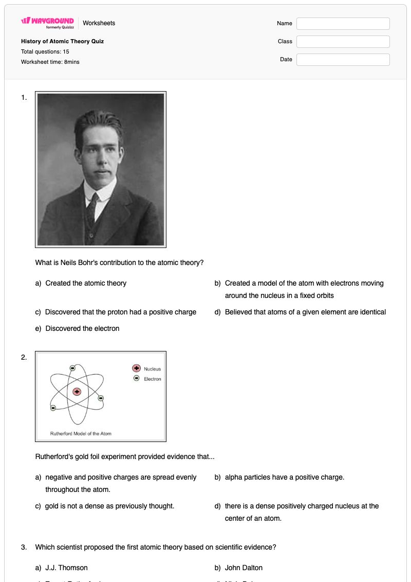 History of Atomic Theory Quiz - Printable History-of-atomic-models Worksheets - Wayground