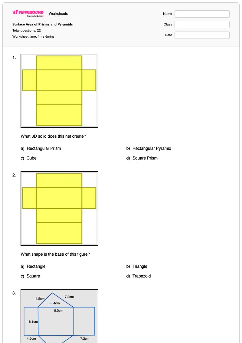 Surface Area of Prisms and Pyramids - Printable Prisms-and-pyramids Worksheets Year 7 - Wayground
