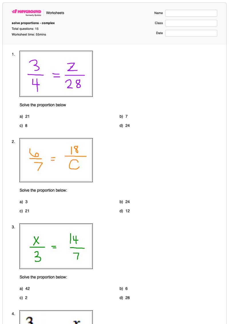solve proportions - complex - พิมพ์ได้ โจทย์ปัญหาเกี่ยวกับสัดส่วน เวิร์กชีท - Wayground