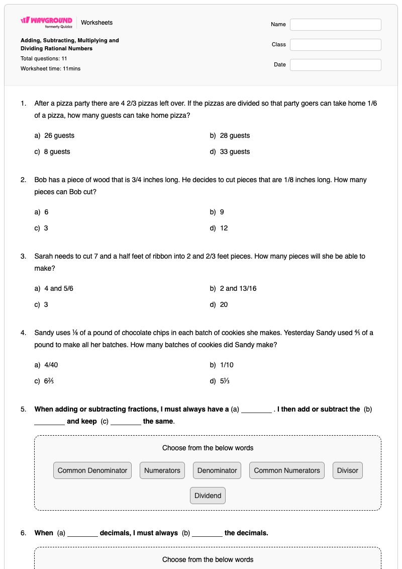 Adding, Subtracting, Multiplying and Dividing Rational Numbers - Printable Multiplying-and-dividing-rational-numbers Worksheets Class 12 - Wayground